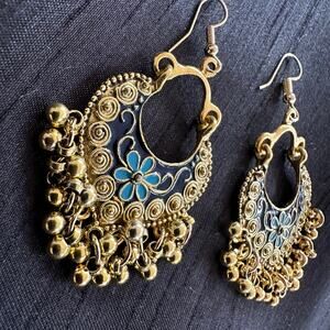 Bollywood Desi Boho Jhumka Antique Oxidized Gold tone w/ Navy Blue Earrings